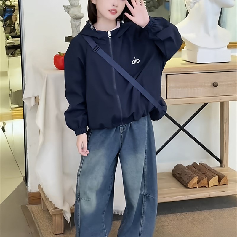 秋季韩版学生百搭休闲外套女童双面穿高级感字母连帽防风冲锋衣潮