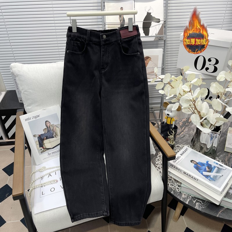 胡子叔大码加绒牛仔裤女冬季新款胖mm加绒加厚显瘦高腰弹力哈伦裤