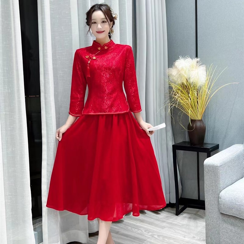 新中式红色旗袍敬酒服新娘秋季长袖两件套订婚礼服裙冬季婚服套装