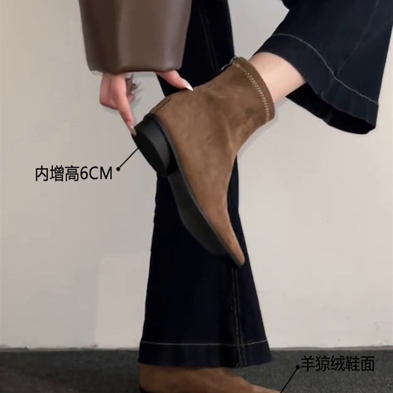 羊皮版内增高6cm韩版覆古短靴女气质绒面短筒瘦瘦靴后拉炼马丁靴