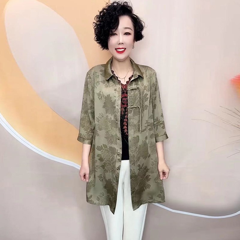 2025春夏妈妈新中式衬衫中长款中老年宽松民族风遮肉大码开衫外套