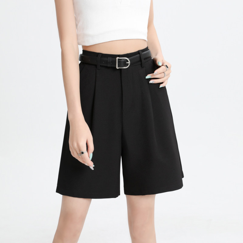 黑色休闲西装短裤女夏季薄款高腰宽松显瘦a字直筒阔腿五分中裤子