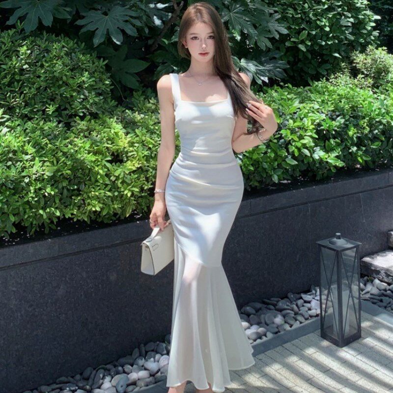 法式杏色方领吊带连衣裙女夏季网纱拼接鱼尾裙气质收腰显瘦长裙子