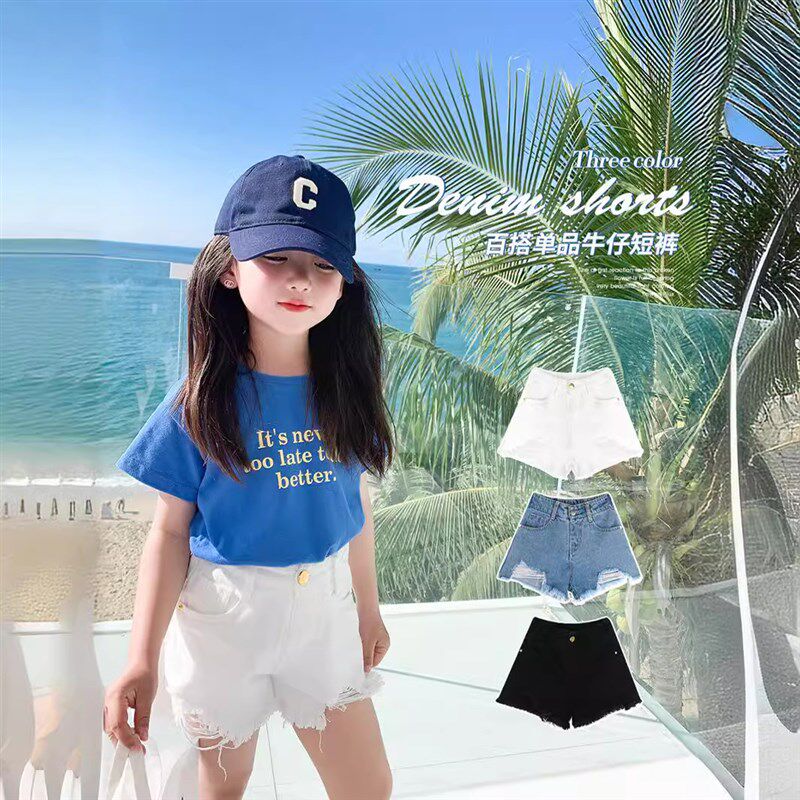 2025夏装新款女童水洗棉软牛仔短裤薄破洞百搭户外超洋气热裤儿童
