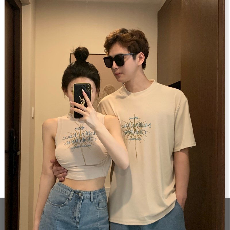情侣装夏装2025小众设计感韩版显瘦短袖背心一长一短辣妹上衣套装
