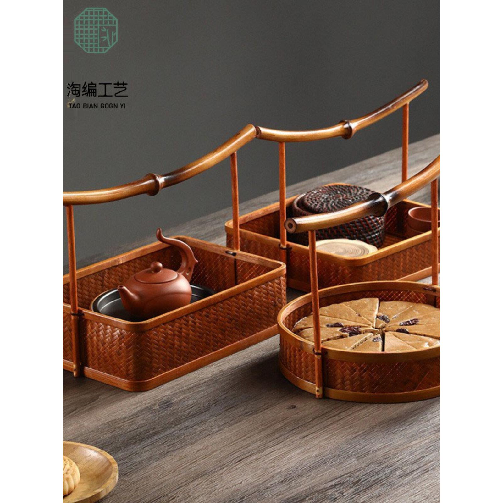 采购产品覆古竹漆篮,竹编水果点心篮,茶具收纳篮,中国风背包篮