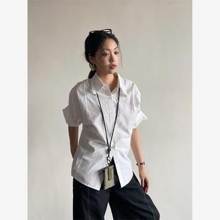 白色覆古肌理感POLO领五分袖 2024小众宽松显瘦百搭上衣 衬衫 女夏季