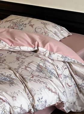 全棉花卉100支长贡缎数码印花四件套纯美棉式棉田绒园风床LPM上用