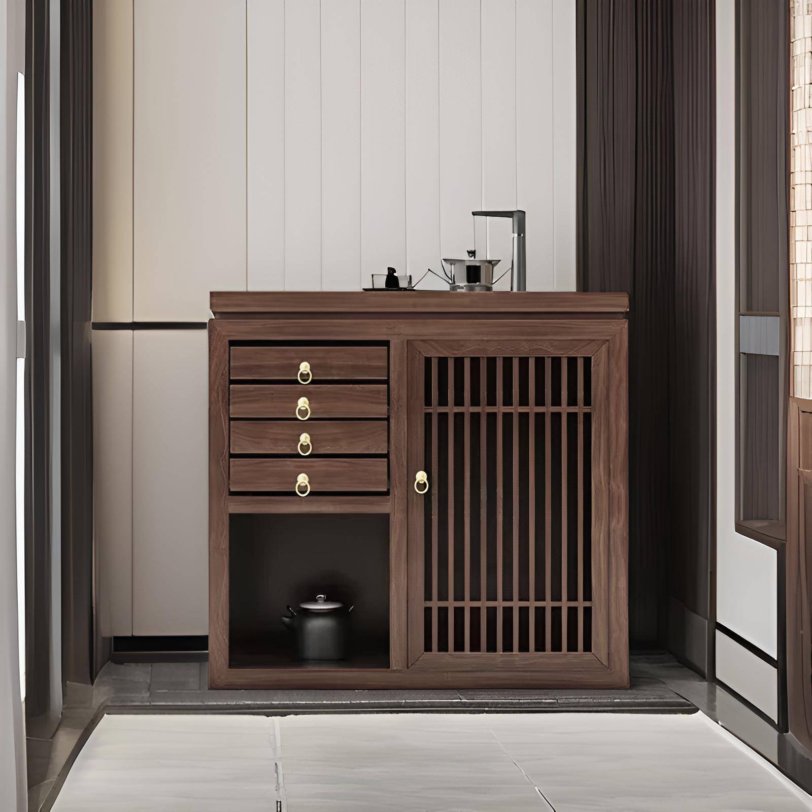 新中式桶原木小柜矮柜茶水储柜放水边柜客厅办公茶室家用CXJ实木