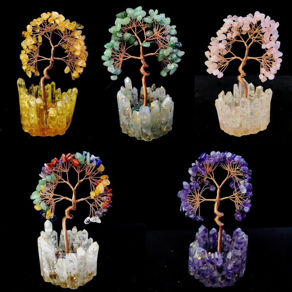 紫水晶碎石七彩发财树晶簇底座摇钱树生命树工艺品办公摆件盆景
