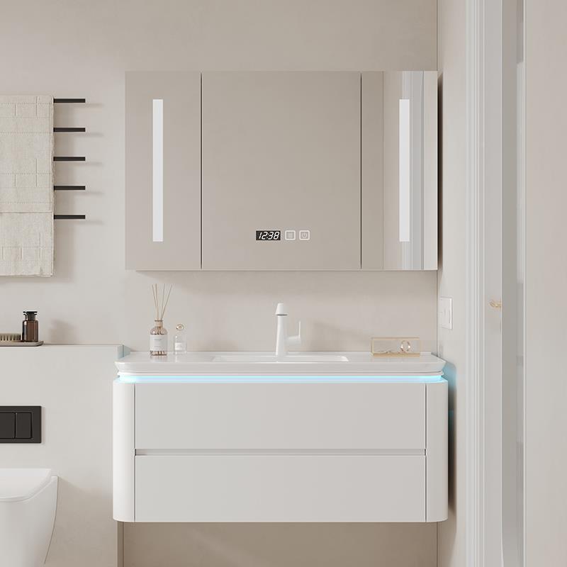 奶油风角卫生瓷一体盆实圆木浴室柜圆弧洗漱台洗RLD间手池脸盆陶