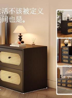 中古风藤编5床TKM头柜022新款小型卧室家用实木床边柜复古色收黑