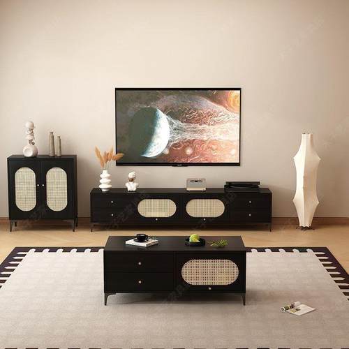 古典中式藤编色电视柜HIQ茶几组合客家用简约黑代新现款中古厅电