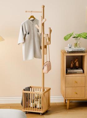 实木衣架落地衣帽架室可移家用挂脏衣篓置卧物架挂衣架多91140功