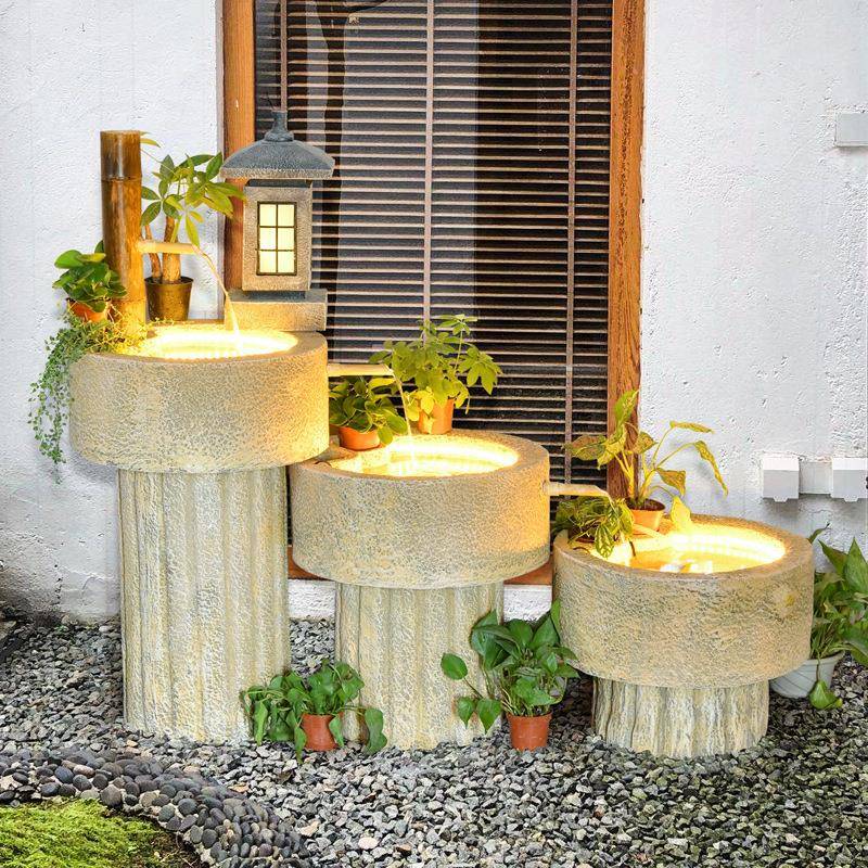 式田园别竹子招财流水阳摆日件树脂石磨庭AUR院台花园墅喷泉景观