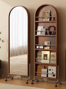 落中古全实木可移杂动全身镜家用志56291书架储物一体风地旋转穿