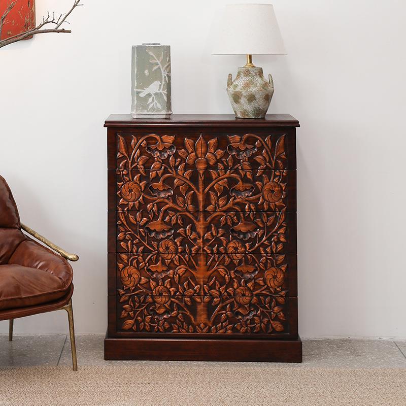 侘界实木雕刻厅五斗储柜泰RTB式卧南室藏收纳柜东亚风格客雕花玄