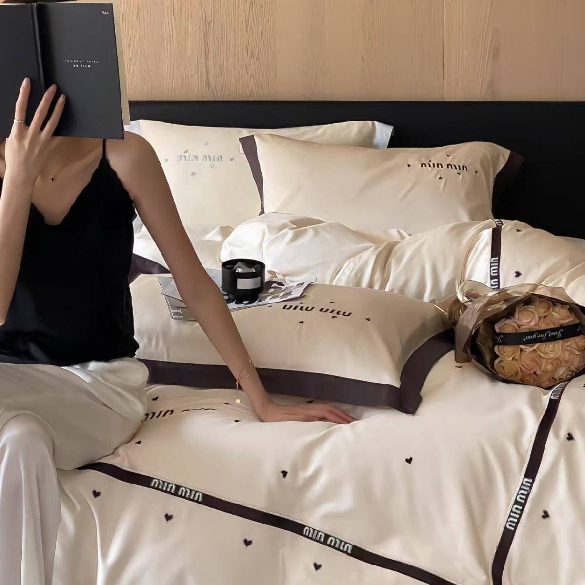 轻奢风爱季心刺绣10支绒长棉0TCL四件套全棉磨毛四通用床单被套床