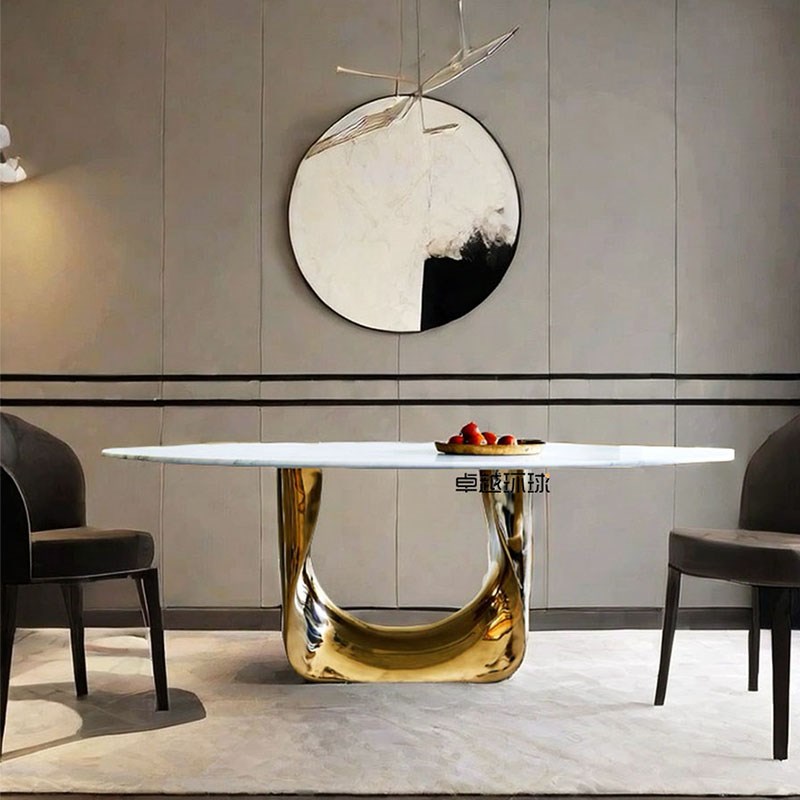 意式大理石餐桌轻奢高级感餐厅C家用创意艺术椭圆形不锈钢餐台