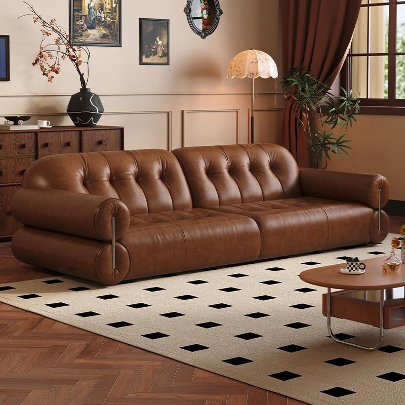 法式复古风油蜡皮黑糖云朵沙发客厅小G户型棕色做旧直排沙发25新