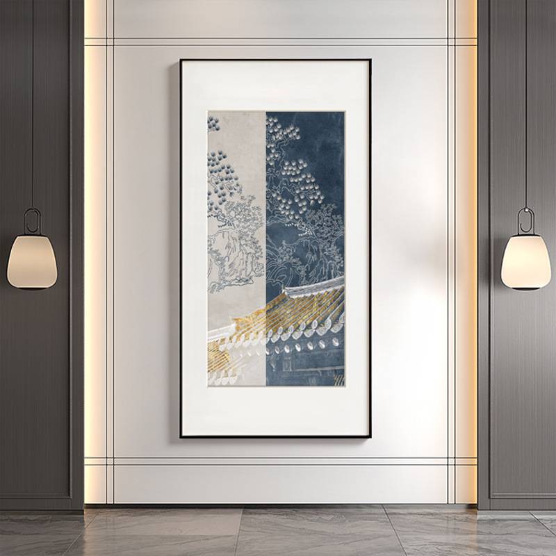 现代新中式玄关装饰画挂画茶室国风大气走廊尽头山水酒店客厅壁画图片