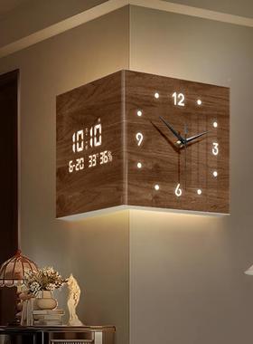 ?中风客厅转角钟万年历202XSH时5新款电子双面钟挂古钟拐角壁灯钟