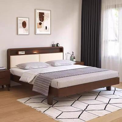 现代简家约小木床1.8米主卧实双人床1.2米户74318型用软靠背床头