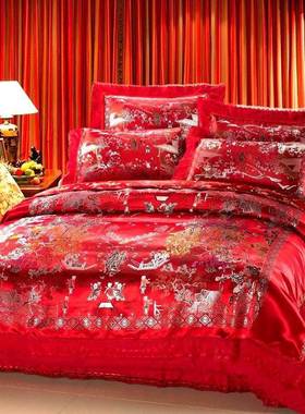 四中式婚庆绸缎件套大红色龙凤百子H004结婚国床上用品秀图婉
