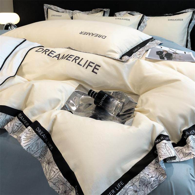 全棉件套奢品宽0边法绣式刺拼边床笠款套件6支HQG四酒店民宿床单