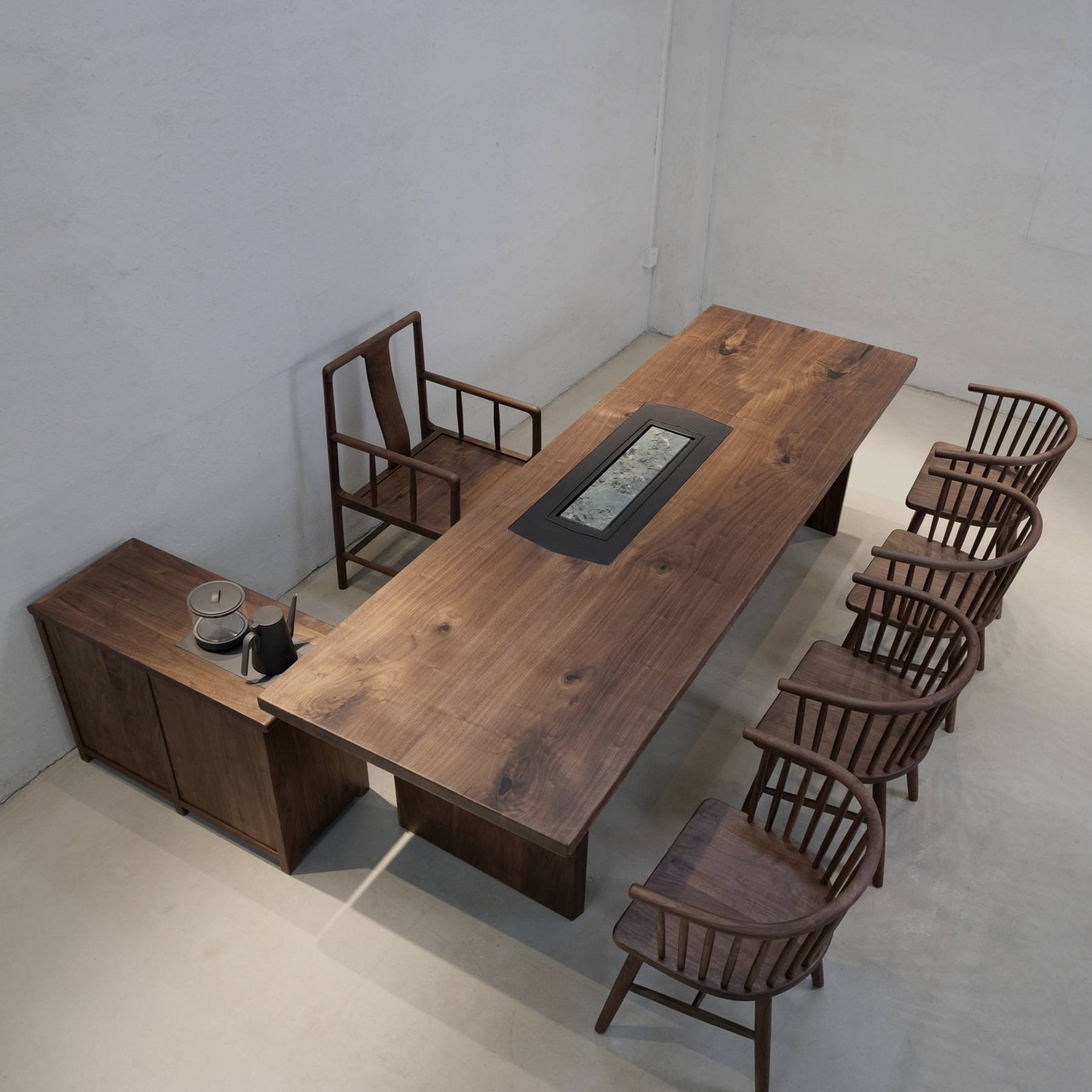 美拉德黑胡桃实木大板茶桌原木餐桌中古风大书桌工作台