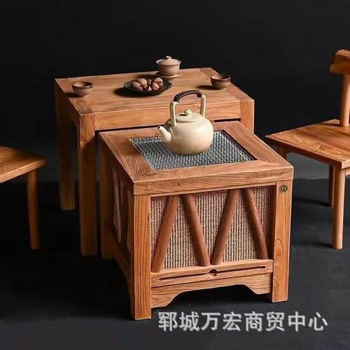 中式榆木围炉煮茶KYB桌户外实木方形茶桌原老木民炉茶台碳烧烤宿