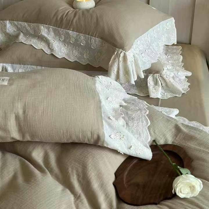 法式复古绿纯棉双层纱布四件套清新素色蕾丝花边被套床单亲肤床品
