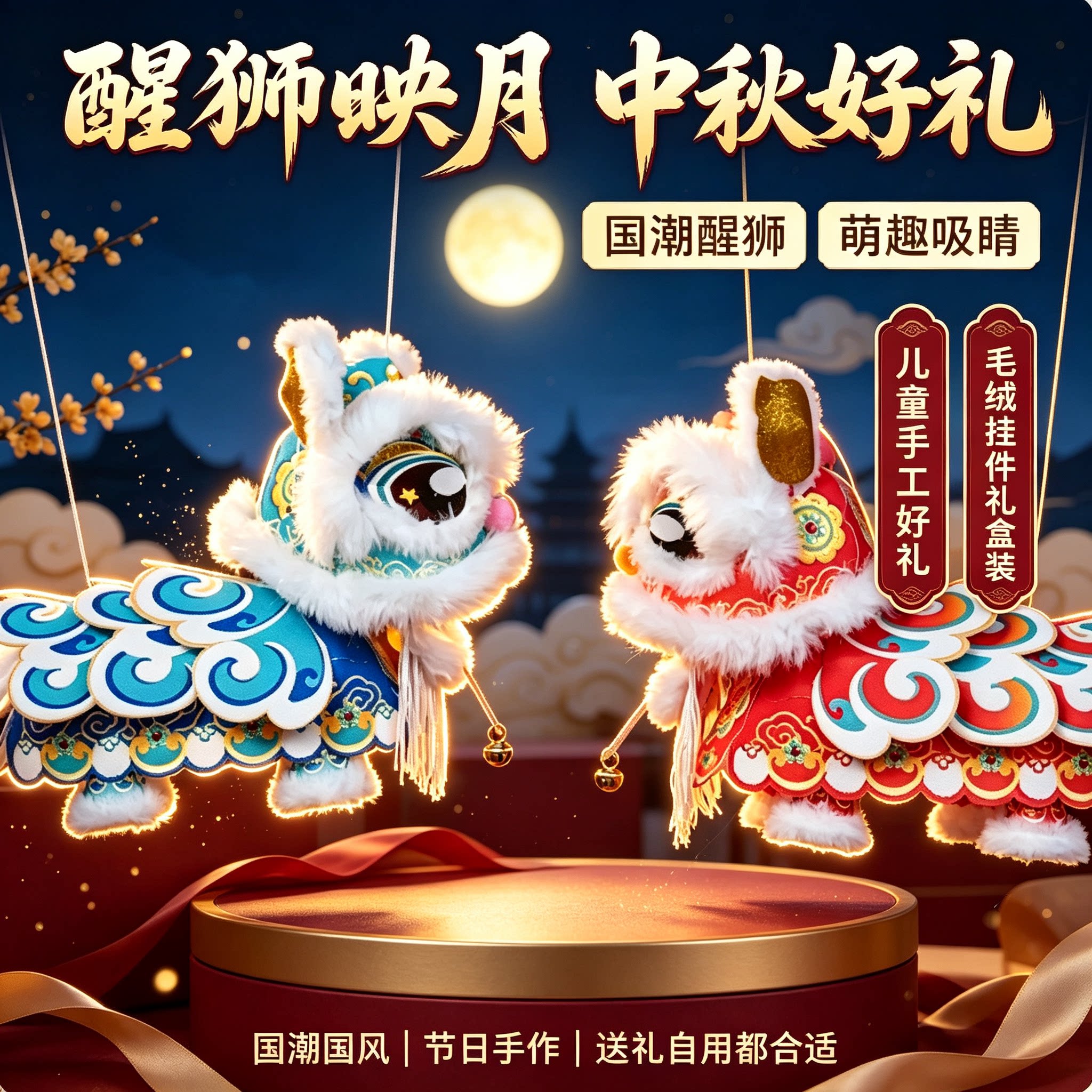 中秋儿童国潮醒狮灯笼手工花灯图片