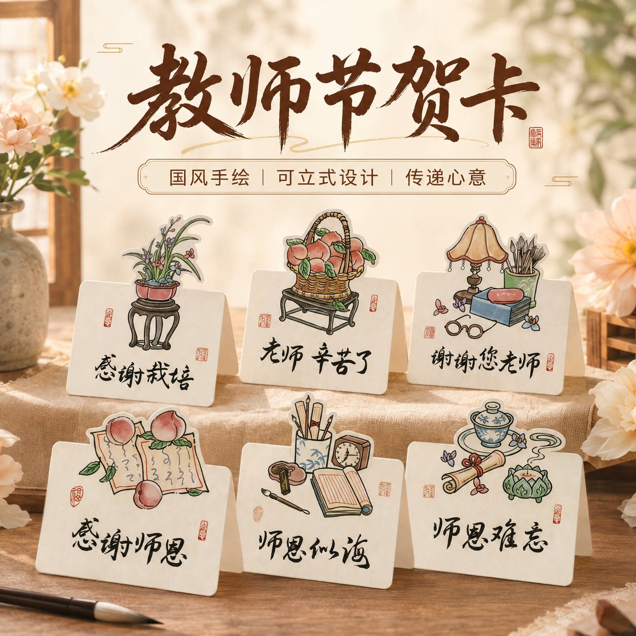 国风教师节小卡片桃李满天下感谢师恩手写留言卡鲜花配饰祝福贺卡