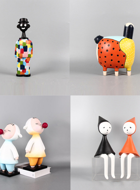 抽象彩绘人物卡通猫n小孩吹泡泡雕塑摆件家居样板间儿童房创意饰