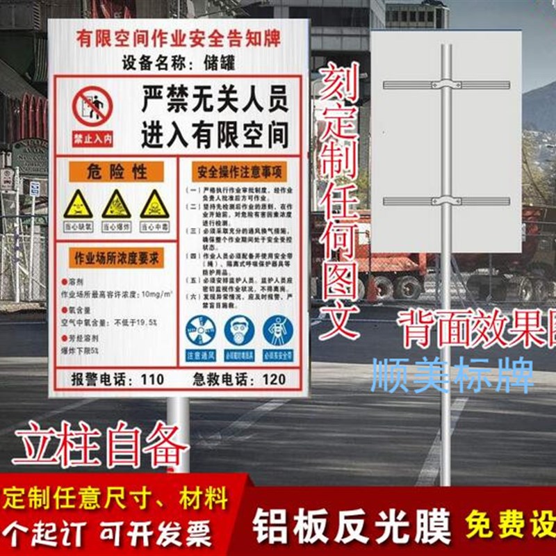 有限空间作业场所安全告知牌 标识牌警示牌 户外防嗮W防水铝板定