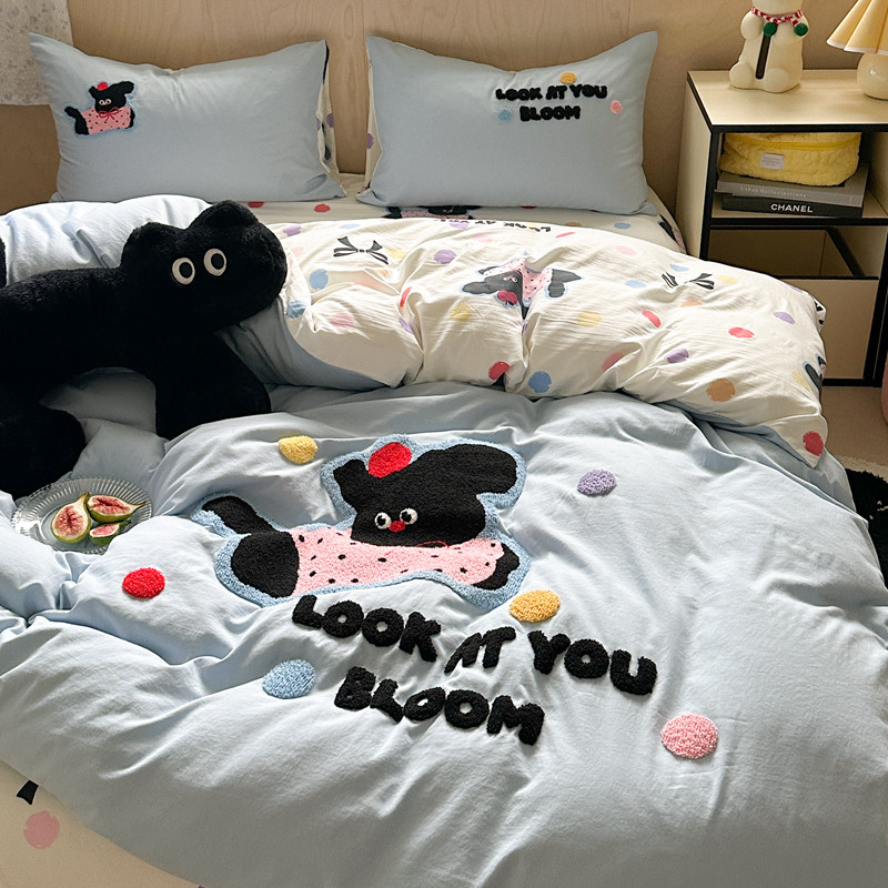 卡通可爱毛巾绣水洗棉床上四件套非纯全棉被套床单宿舍.三件套床