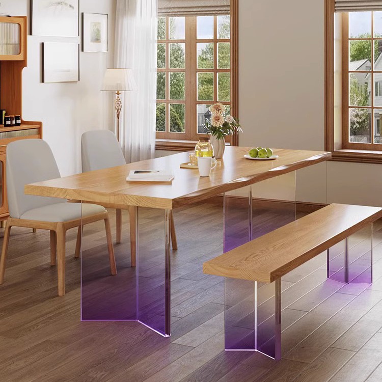 亚克力渐变色悬空餐桌家用客厅不规则实木大板桌简约现代原木餐台