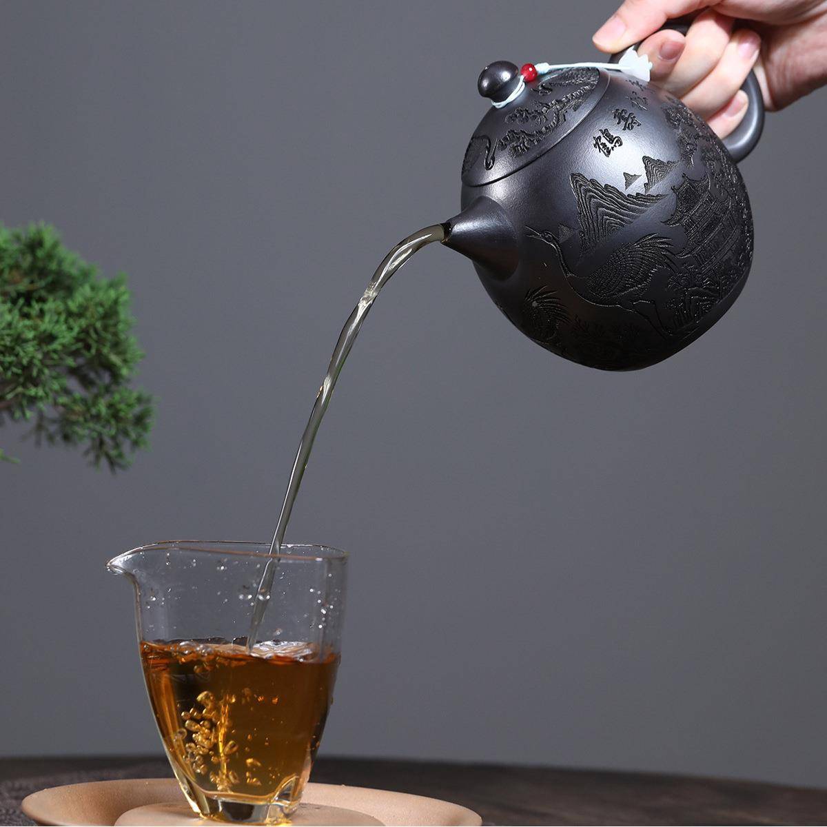 壶一件宜茶兴砂ZHIFU-79手工制作紫原矿石黄泥满刻仙鹤龙蛋大容量