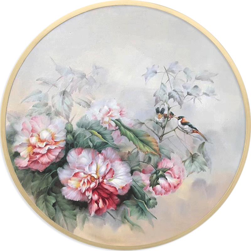 花卉油画手绘新中式客厅玄关装饰画高档圆形餐厅花鸟挂画牡丹花开