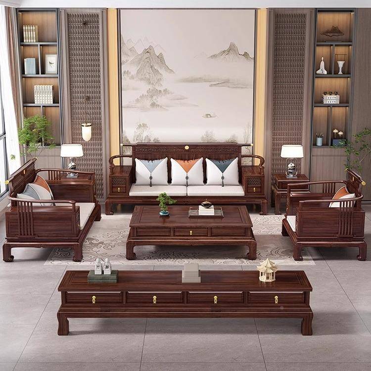 代无品牌/新中式乌木实木沙发冬夏两用大小型客厅组合仿古雕金花