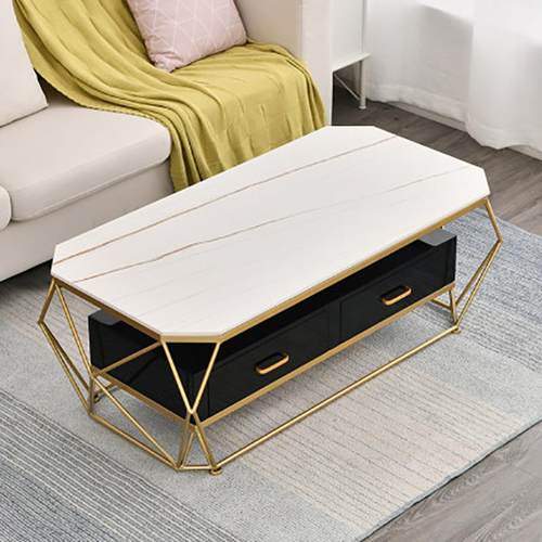 意式厅长轻奢板茶几客小户家用GFU大理石矮桌子方形带抽屉铁艺茶