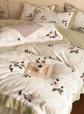 A类加古厚YANGQI复印花慕丝绒田四件套简约素雅保被套园风双暖面
