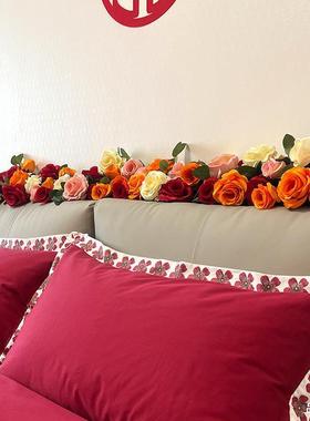 结红色庆新房喜床头ILM瑰装饰仿婚真玫花藤长条藤蔓婚房摆花布置