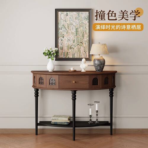 法式中古实木玄关桌入户正对门桌子复古风半圆装饰置物美式玄关柜