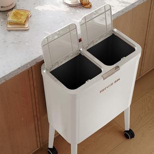 垃圾桶YUW厨房缝隙支脚带收纳桶干湿分离按弹卫盖分类清轮压洁生