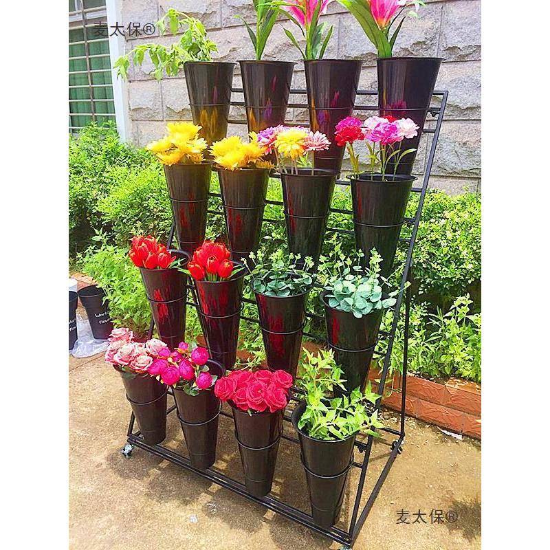 多桶层阶花艺架花店鲜花展示架摆花带万MIN向轮铁架养花梯塑料麦