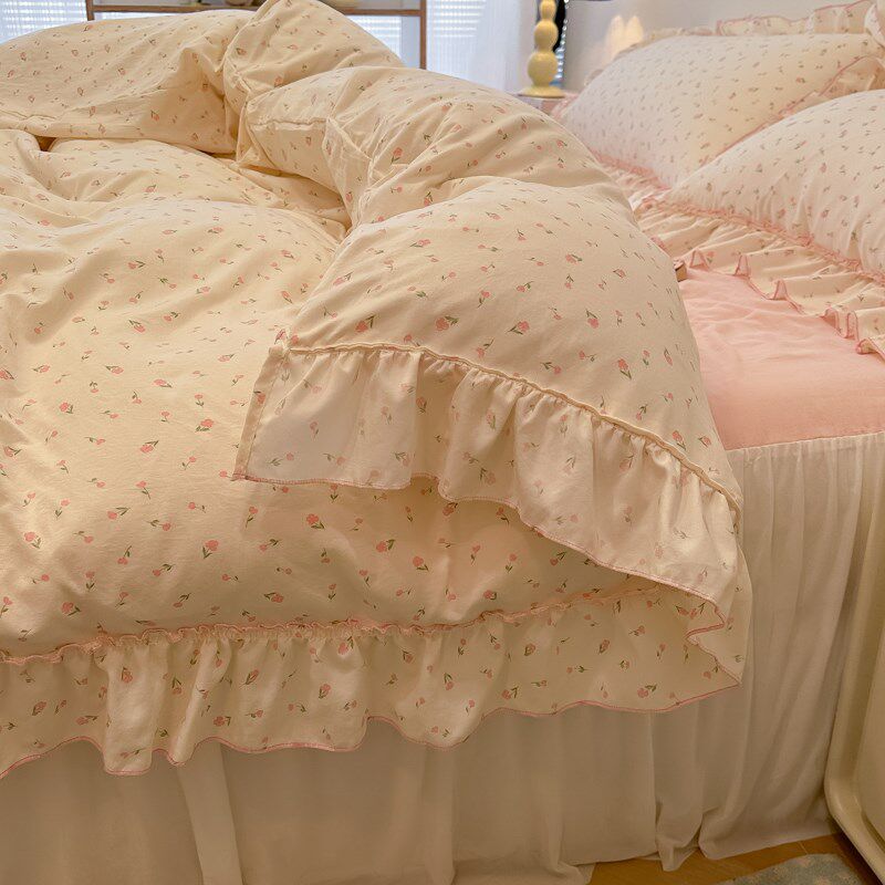 公主风花边e水洗棉床上四件套小清新水洗棉床单被套宿舍床笠三件