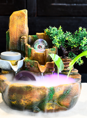 新中式假山流水喷泉室q内办公桌循环水雾化加湿器桌面摆件开业礼