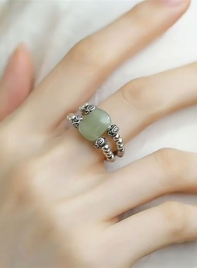 钰鱼纹珠925银j戒指新中式国风复古高级感双层弹力绳轻奢百搭指环